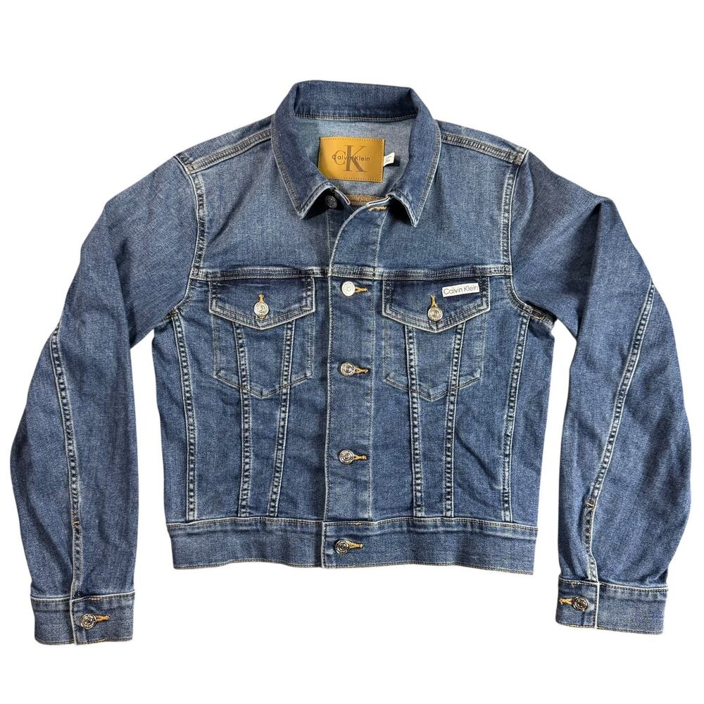 Calvin Klein Jeans Womens XS Dark Wash Denim Trucker Jacket Stretch Cropped